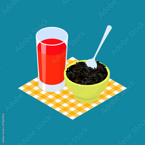 Black rice Porridge and fruit juice. Breakfast Healthy food. Vector illustration