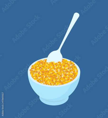 Bowl of corn porridge and spoon isolated. Healthy food for breakfast. Vector illustration
