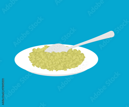 Green buckwheat Porridge in plate and spoon isolated. Healthy food for breakfast. Vector illustration