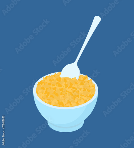 Bowl of bulgur porridge and spoon isolated. Healthy food for breakfast. Vector illustration