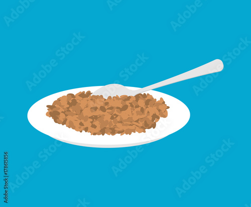 Lentil Porridge in plate and spoon isolated. Healthy food for breakfast. Vector illustration