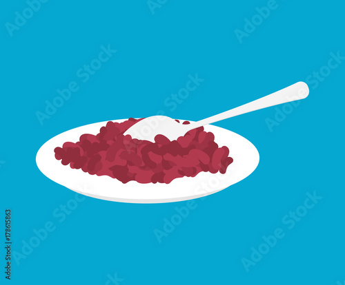 Red bean Porridge in plate and spoon isolated. Healthy food for breakfast. Vector illustration