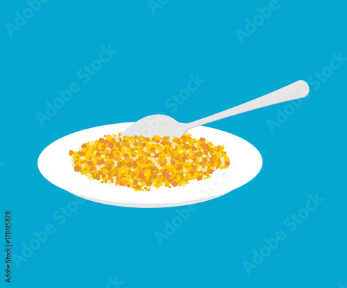 Corn Porridge in plate and spoon isolated. Healthy food for breakfast. Vector illustration