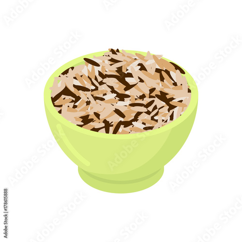 Bowl of wild rice cereal isolated. Healthy food for breakfast. Vector illustration