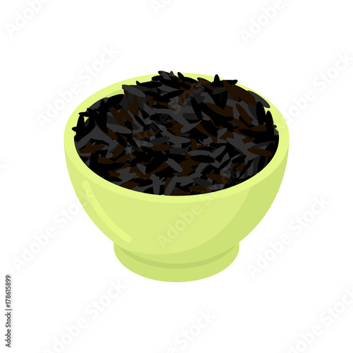 Bowl of black rice cereal isolated. Healthy food for breakfast. Vector illustration