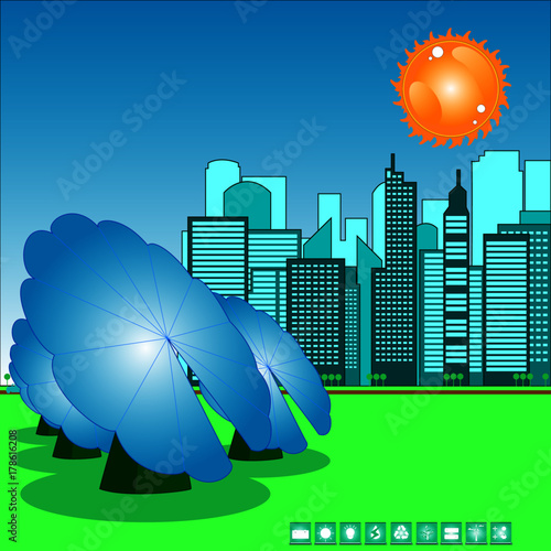Ciudad con paneles de girasoles fotovoltaicos para energía limpia, renovable e inteligente con el sol
