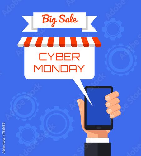 Cyber Monday smart phone electronic banner. Vector flat cartoon illustration