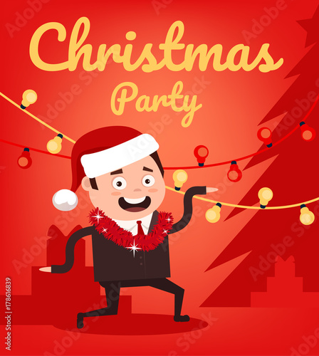 Marry Christmas and Happy New Year happy smiling office worker man character dancing on party. Vector flat cartoon illustration