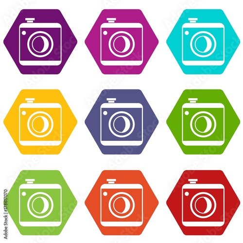 Vintage photo camera icon set color hexahedron