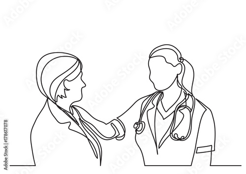 continuous line drawing of doctor and woman patient talking