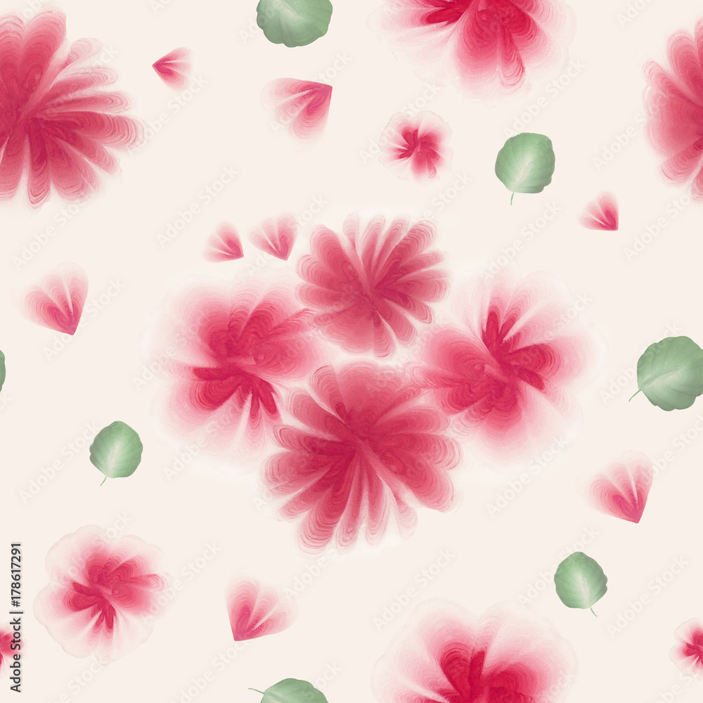 A seamless pattern with gouache one stroke painting on the canvas. Hand drawn gouache folk flowers and leaves. Vintage old style floral pattern. A seamless pattern with gouache one stroke painting on the canvas. Hand drawn gouache folk flowers and leaves. Vintage old style floral pattern.