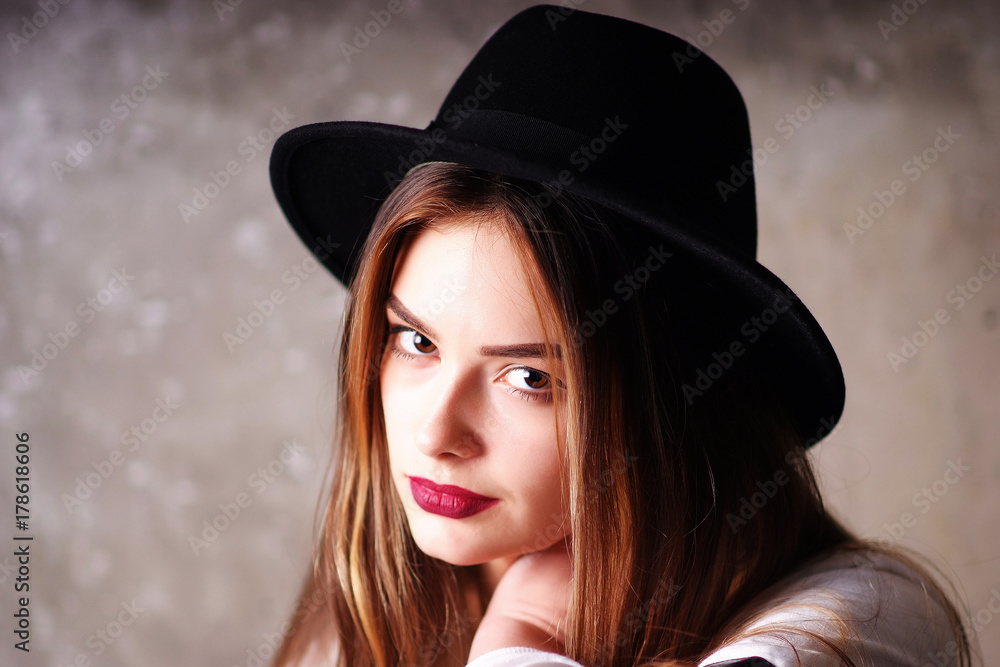 Portrait of young playful pop positive in hat fashion modern woman gentle model fashion look girl Portrait of young playful pop positive in hat fashion modern woman gentle model fashion look girl