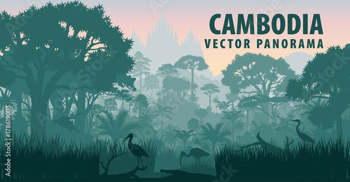 vector panorama of Cambodia with crocodile, herons and ibis in jungle rainforest wetland