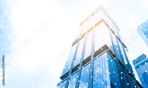 Smart city and internet with network - communication connection on city building background. photo