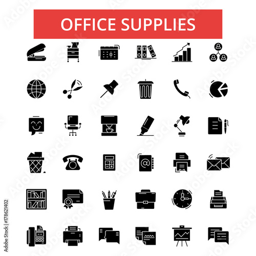 Office supplies illustration, thin line icons, linear flat signs, outline pictograms, vector symbols set, editable strokes