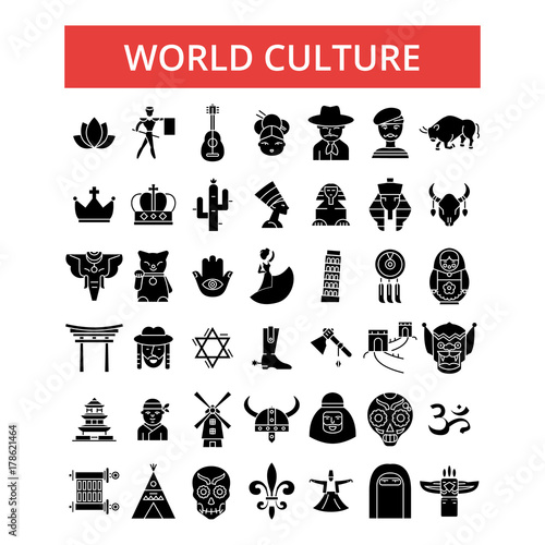 World culture illustration, thin line icons, linear flat signs, outline pictograms, vector symbols set, editable strokes