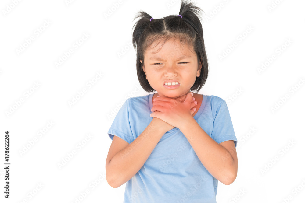 Little girl has sick is sore throat isolate on white background Little girl has sick is sore throat isolate on white background