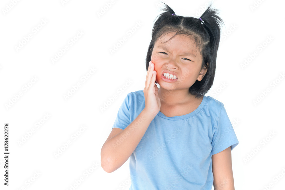 Little girl has sick is toothache isolate on white background Little girl has sick is toothache isolate on white background
