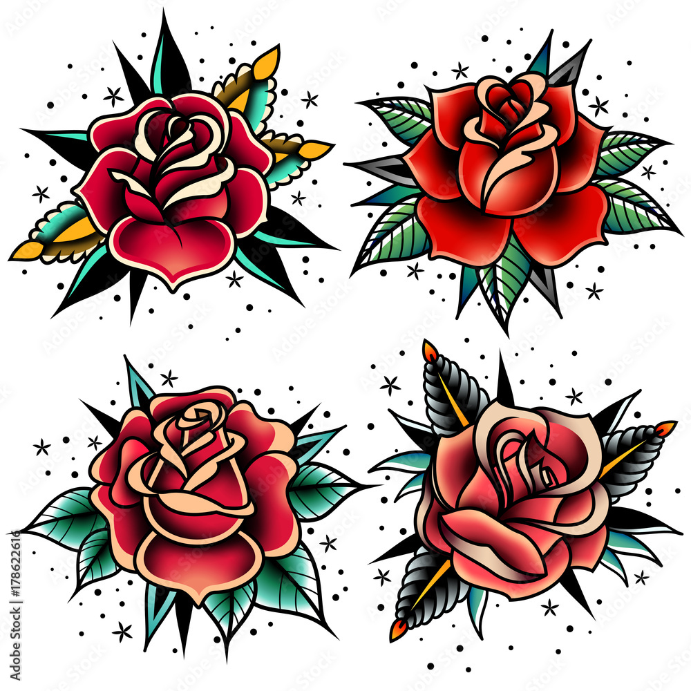 Fototapeta premium zestaw róż tatuaż starej szkoły