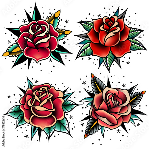 Fototapeta Naklejka Na Ścianę i Meble -  old school tattoo roses set
