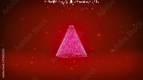 Wide angle shot of winter theme for Christmas or New Year background with copy space. Xmas tree from particles in mid-frame. Red 3d Xmas tree V3 with glitter particles DOF rotating space