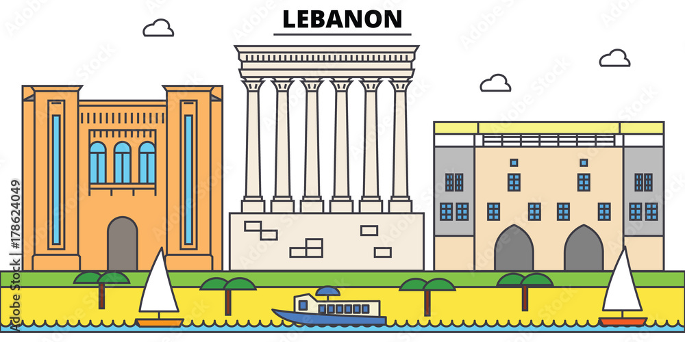 Fototapeta premium Liban zarys panoramę miasta, ilustracja liniowa, baner linii, punkt orientacyjny podróży, sylwetka budynków, wektor