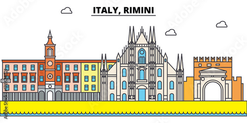 Italy, Rimini outline city skyline, linear illustration, line banner, travel landmark, buildings silhouette,vector
