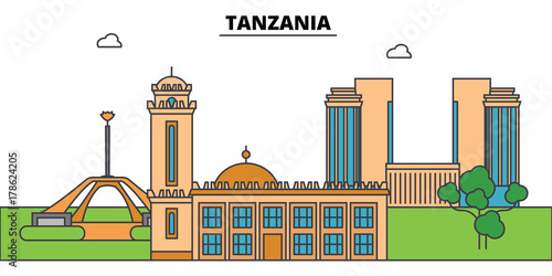 Tanzania outline city skyline, linear illustration, line banner, travel landmark, buildings silhouette,vector