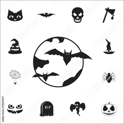 Halloween bats and moon icon. Set of Halloween icons