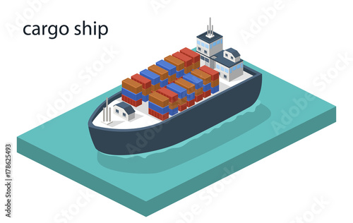 Isometric 3D vector illustration cargo ship on the water.