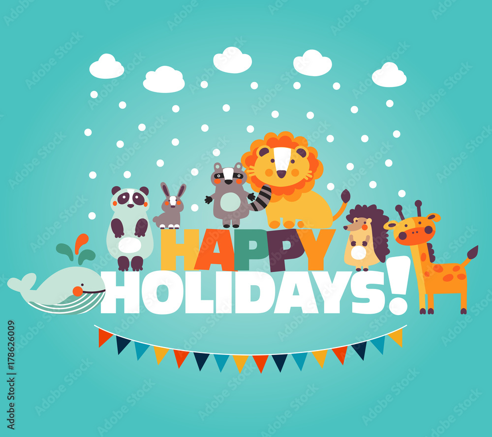 Winter holiday lovely vector card with funny cute animals, blue sky, snowflakes, clouds and garland. Ideal for cards, invitations, party, banners, kindergarten, preschool and children room decoration
