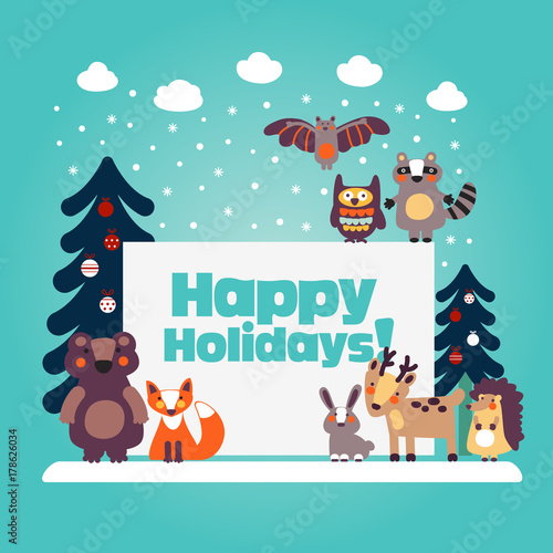 Holiday lovely vector card with funny cute animals, blue sky, snowflakes, clouds and Christmas trees decorating with holiday toys. Christmas and New Year vector illustration. Funny winter background