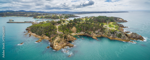 Aerial panorama of the Eden lookout, NSW, Australia