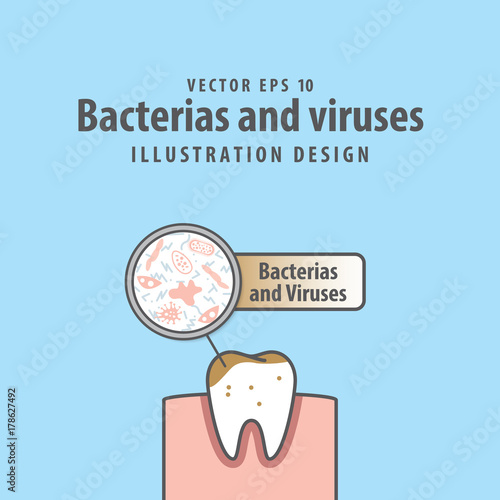 Bacterias and viruses with single dirty tooth illustration vector on blue background. Dental concept.