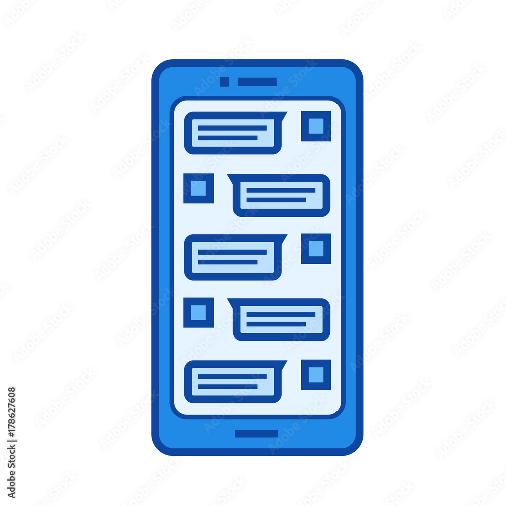 Smartphone with text messages line icon isolated on white background. Smartphone with chat line icon for infographic, website or app. Blue icon designed on a grid system. Smartphone with text messages line icon isolated on white background. Smartphone with chat line icon for infographic, website or app. Blue icon designed on a grid system.