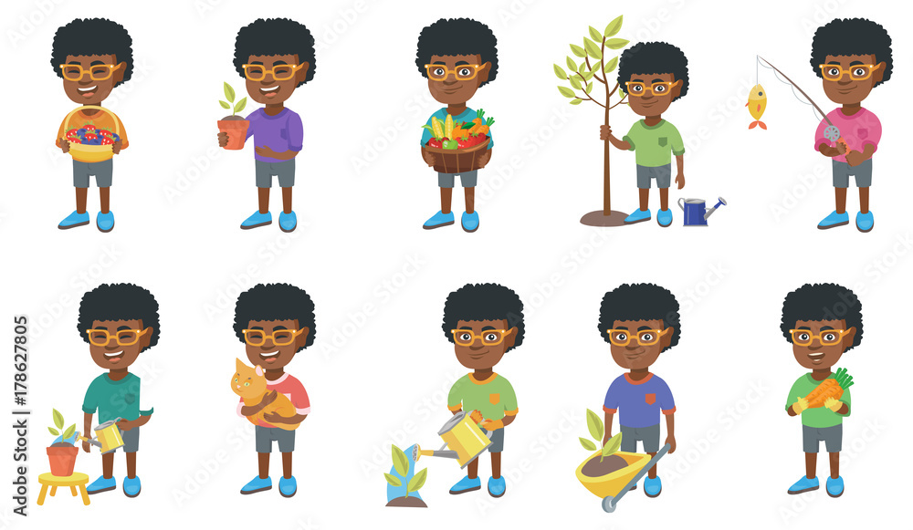 Little african-american boy set. Boy holding flower in a pot, pet cat, carrot, fishing rod with fish, pushing wheelbarrow with sprout. Set of vector cartoon illustrations isolated on white background.