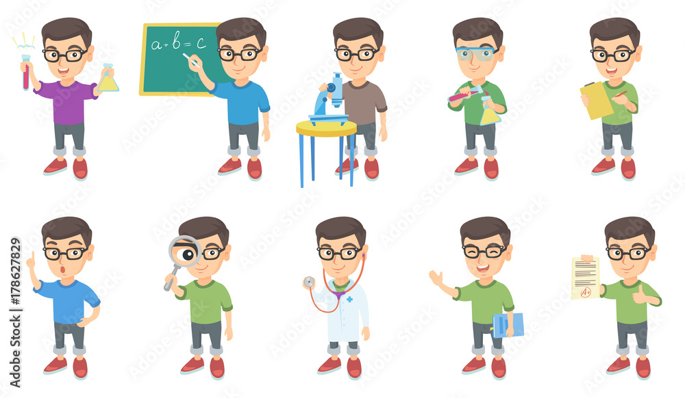 Little caucasian boy set. Boy holding test tube, beaker, microscope, book, magnifying glass, writing on classroom blackboard. Set of vector sketch cartoon illustrations isolated on white background. Little caucasian boy set. Boy holding test tube, beaker, microscope, book, magnifying glass, writing on classroom blackboard. Set of vector sketch cartoon illustrations isolated on white background.