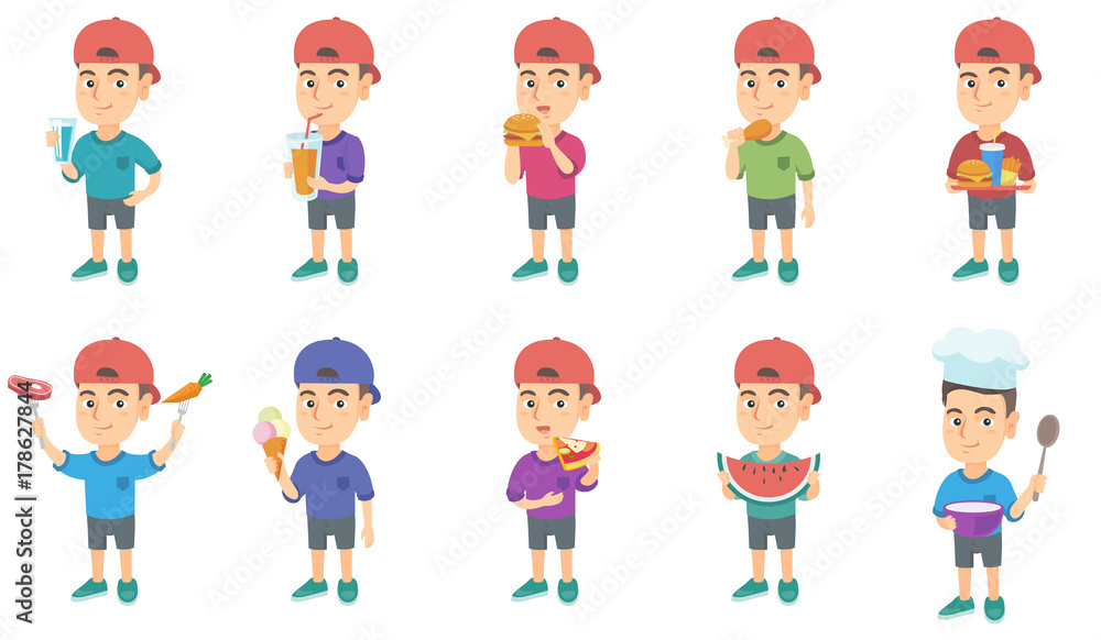 Little caucasian boy set. Boy drinking orange juice, eating hamburger, chicken drumstick, pizza, cheeseburger, french fries. Set of vector sketch cartoon illustrations isolated on white background.