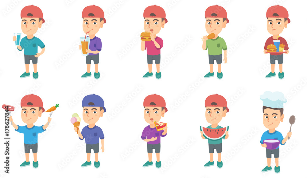 Little caucasian boy set. Boy drinking orange juice, eating hamburger, chicken drumstick, pizza, cheeseburger, french fries. Set of vector sketch cartoon illustrations isolated on white background. Little caucasian boy set. Boy drinking orange juice, eating hamburger, chicken drumstick, pizza, cheeseburger, french fries. Set of vector sketch cartoon illustrations isolated on white background.