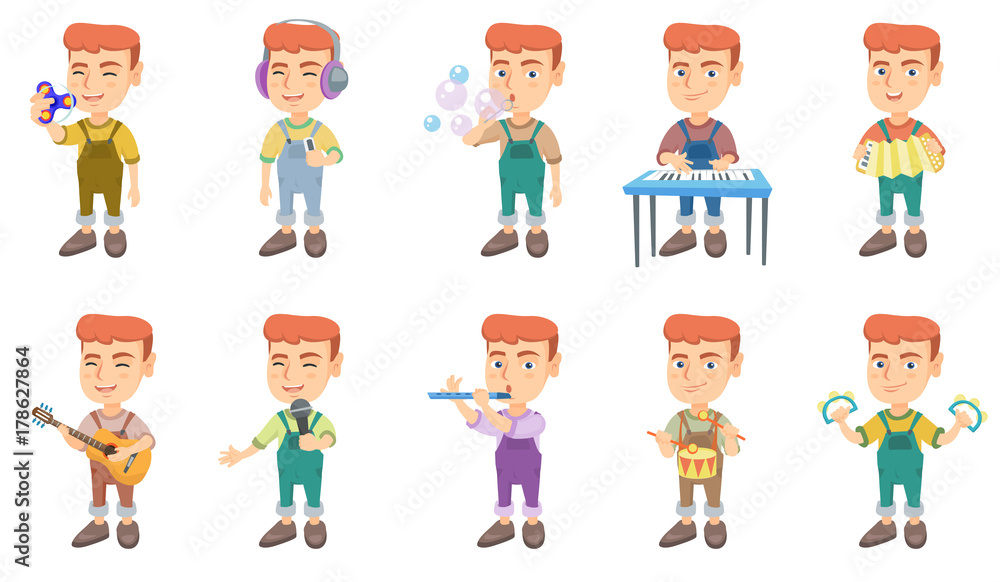 Little caucasian boy set. Boy blowing soap bubbles, playing the piano, accordion, acoustic guitar, flute, drum, tambourine. Set of vector sketch cartoon illustrations isolated on white background. Little caucasian boy set. Boy blowing soap bubbles, playing the piano, accordion, acoustic guitar, flute, drum, tambourine. Set of vector sketch cartoon illustrations isolated on white background.
