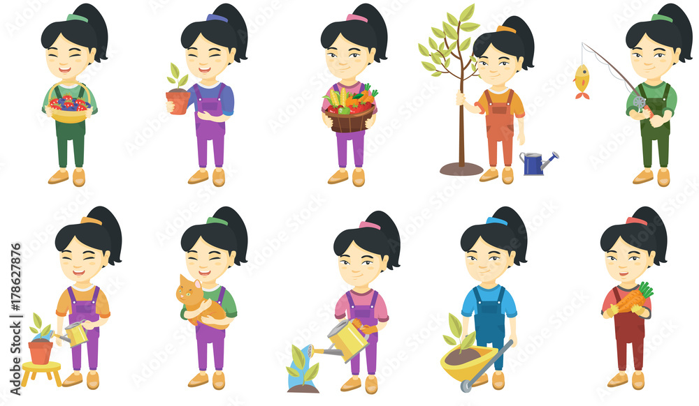 Little asian girl set. Girl holding flower in a pot, cat, carrot, fishing rod with fish, pushing wheelbarrow with sprout. Set of vector sketch cartoon illustrations isolated on white background.