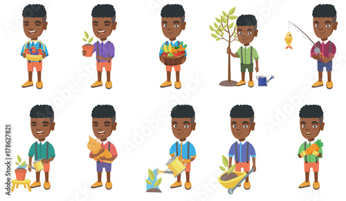 Little african-american boy set. Boy holding the basket with strawberry, blueberry, fruit, vegetables, watering plant, planting a tree. Set of vector cartoon illustrations isolated on white background