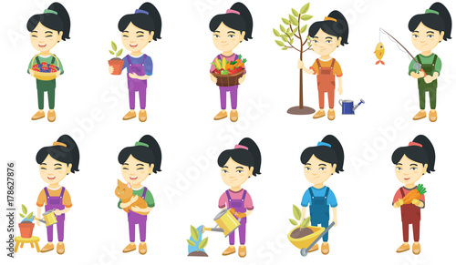 Little asian girl set. Girl holding flower in a pot, cat, carrot, fishing rod with fish, pushing wheelbarrow with sprout. Set of vector sketch cartoon illustrations isolated on white background.