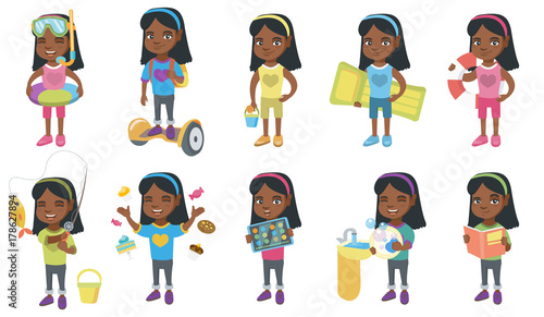 Little african-american girl set. Girl riding on self-balancing electric scooter, holding pail, shovel, inflatable mattress, lifebuoy. Set of vector cartoon illustrations isolated on white background.
