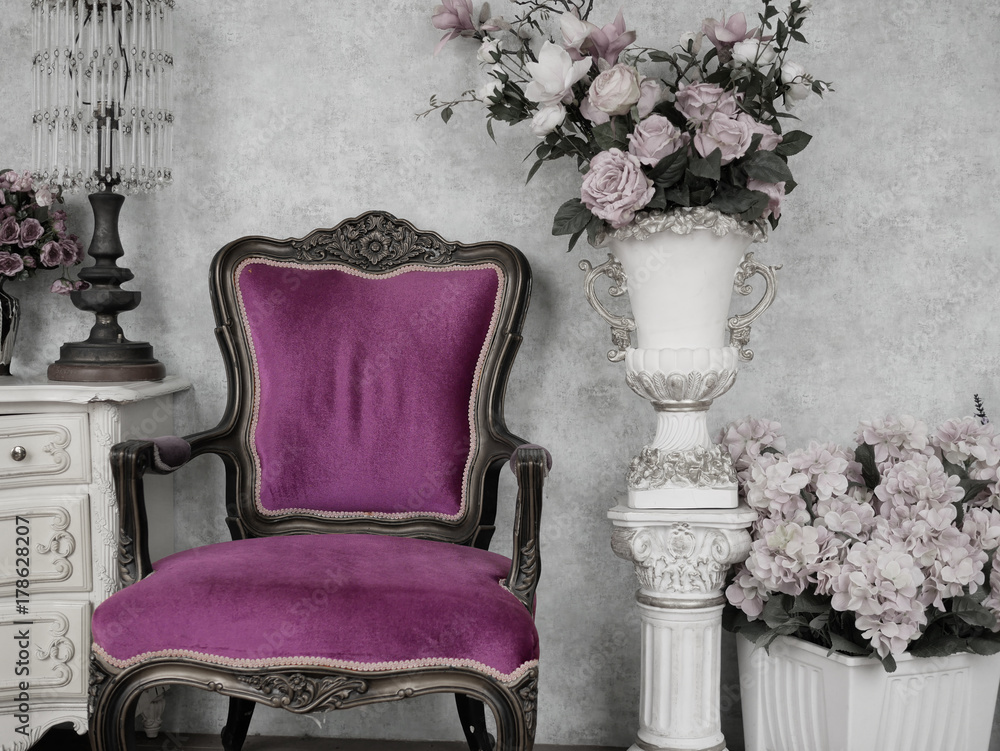 vintage chair in antique room decoration with old ancient furniture