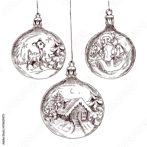 Christmas decorations balls. Hand drawn sketch. Vector illustration. Template for Christmas card.