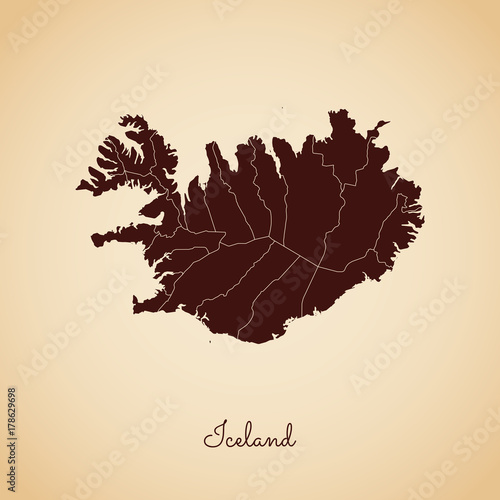 Iceland region map: retro style brown outline on old paper background. Detailed map of Iceland regions. Vector illustration.