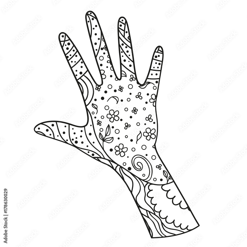 Arm. Hand drawn element with abstract patterns on isolation background. Design for spiritual relaxation for adults. Line art creation. Black and white illustration for coloring. Print for t-shirts Arm. Hand drawn element with abstract patterns on isolation background. Design for spiritual relaxation for adults. Line art creation. Black and white illustration for coloring. Print for t-shirts