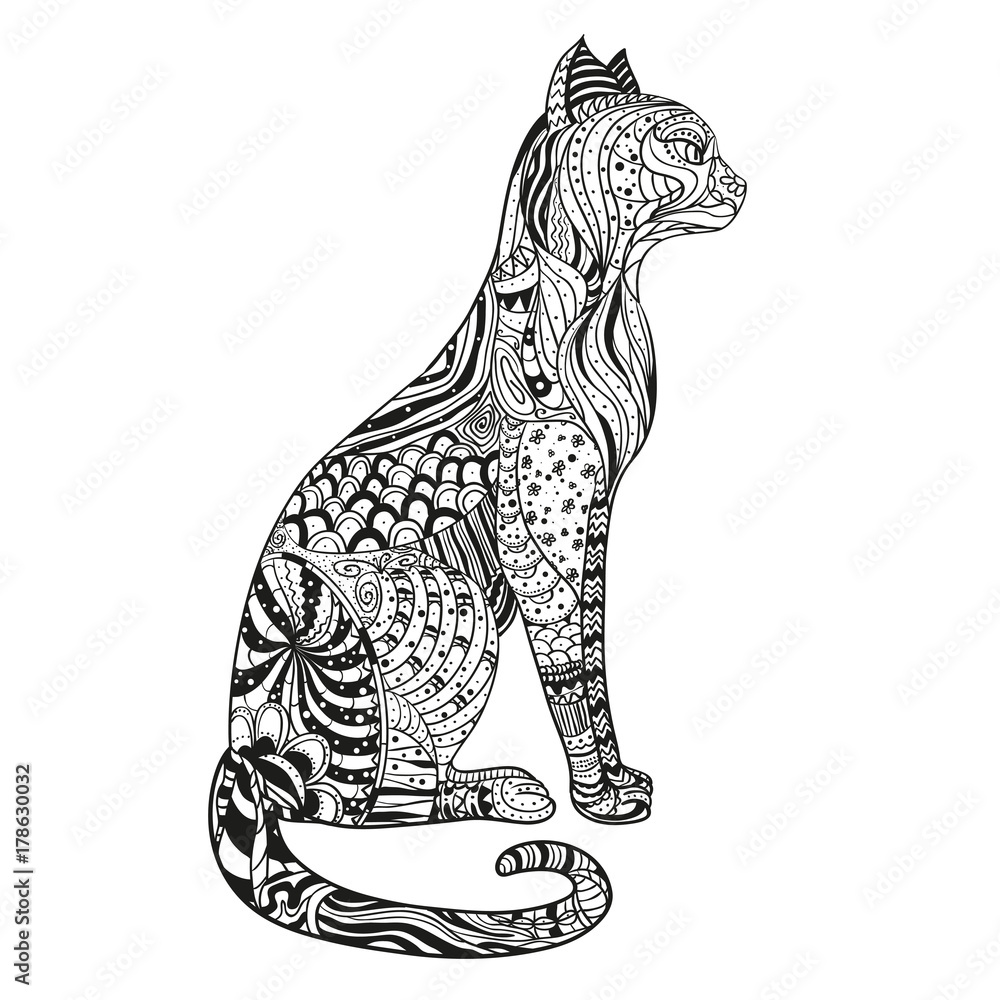 ภาพประกอบสต็อก Cat. Design Zentangle. Hand drawn cat with abstract ...