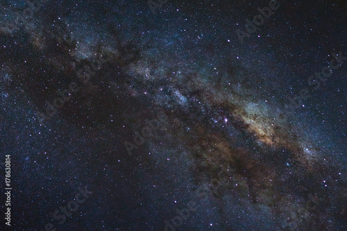 Starry night sky  Milky way galaxy with stars and space dust in the universe  Long exposure photograph  with grain.